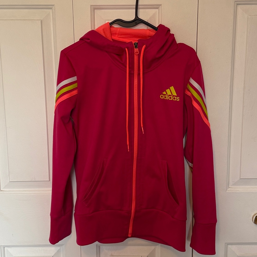 Adidas women’s sz M Full Zip Jacket Bright Pink Hoodie stripes b77